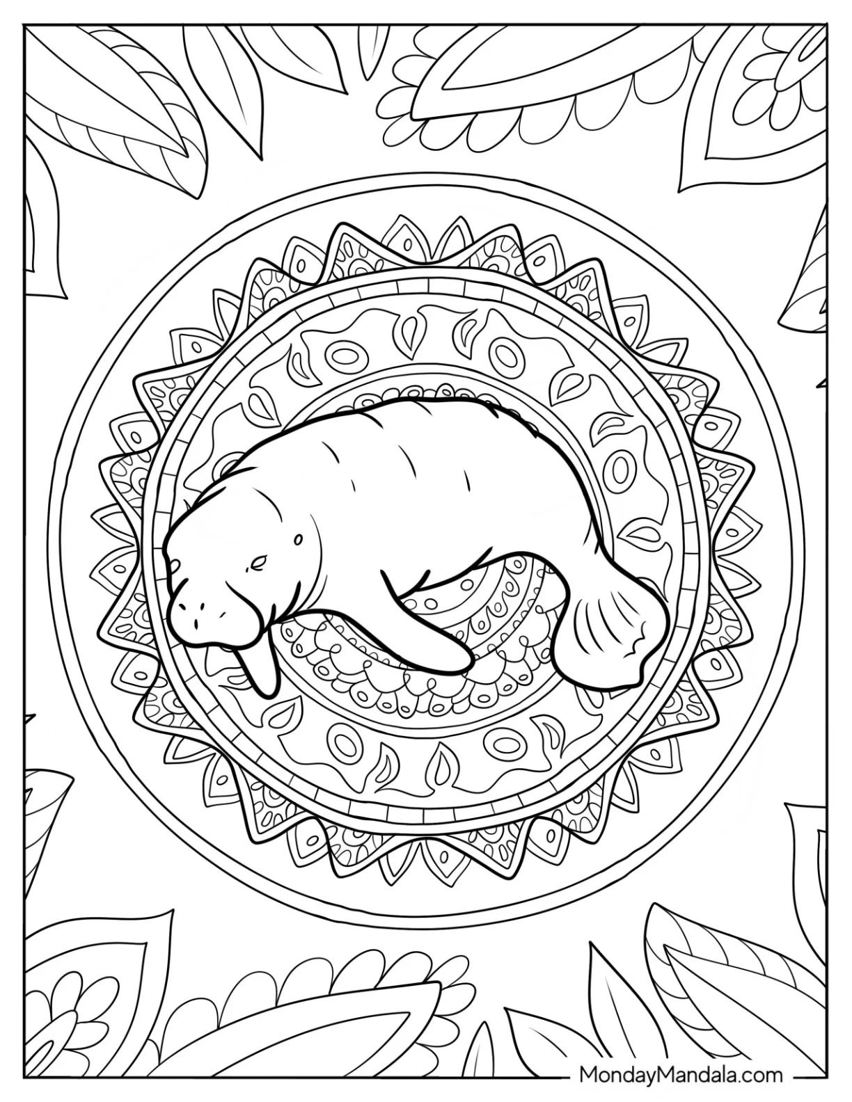 Intricate Manatee Coloring Page Mandala coloring page — printable line art