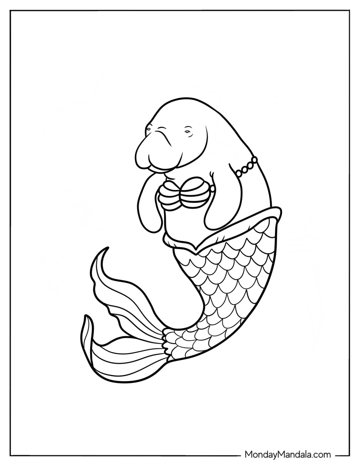 Kawaii Mermaid Manatee Coloring Page For Kids coloring page