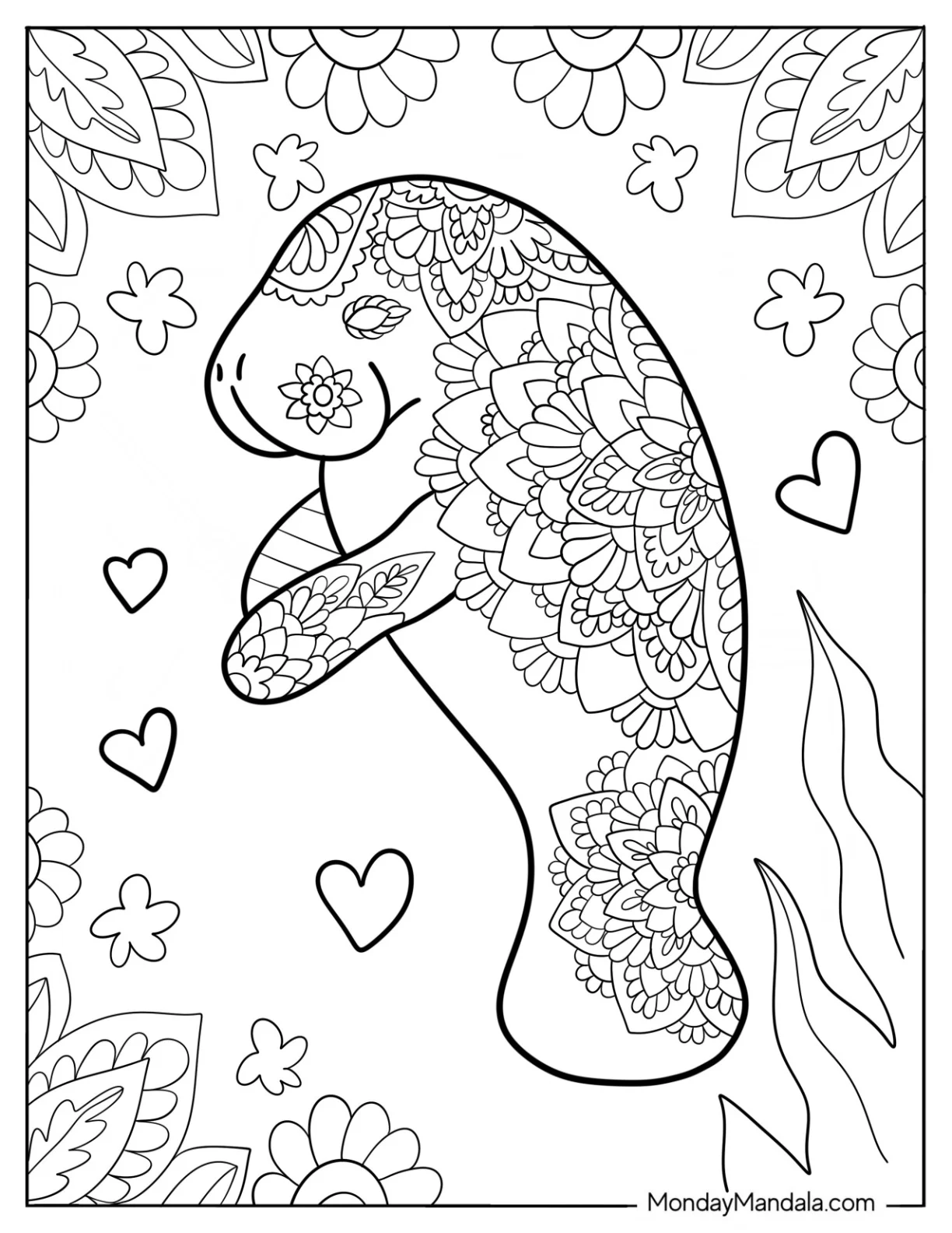 Manatee Coloring Page With Mandala On Its Back coloring page