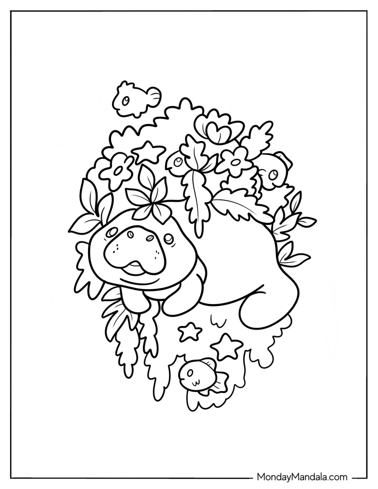 Manatee Coloring Page With Seaweed And Fish For Kids coloring page