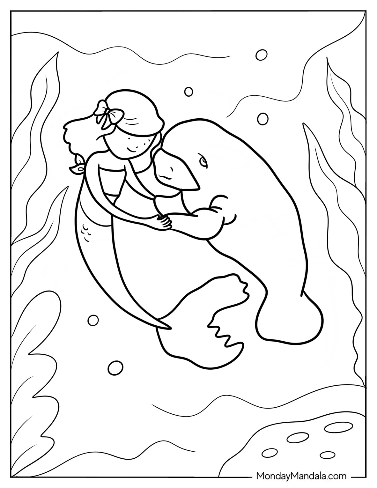 Mermaid Swimming With A Manatee Coloring Page coloring page