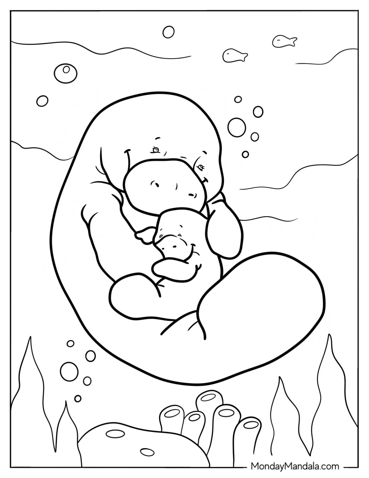 Mother Manatee Coloring Page Hugging Her Baby coloring page