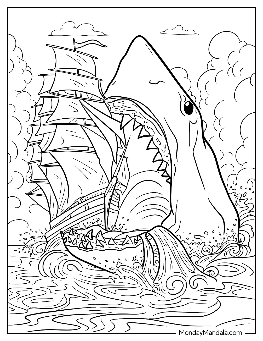 Megalodon Coloring Page Attacking A Large Ship coloring page — printable line art