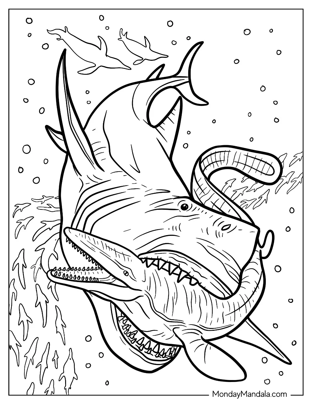 Megalodon Coloring Page Biting A Mosasaurus coloring page