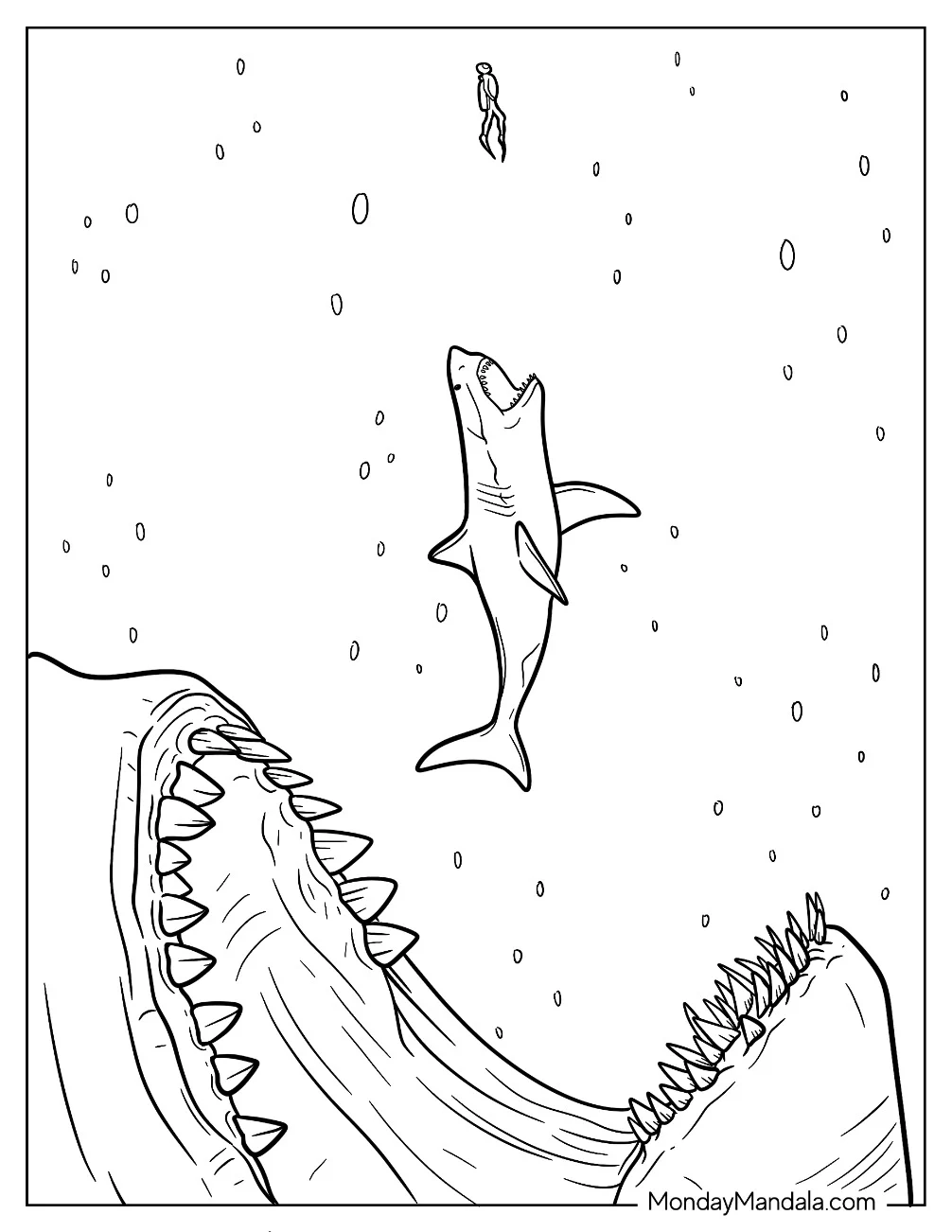 Megalodon Coloring Page Chasing A Shark That Is Chasing A Diver coloring page