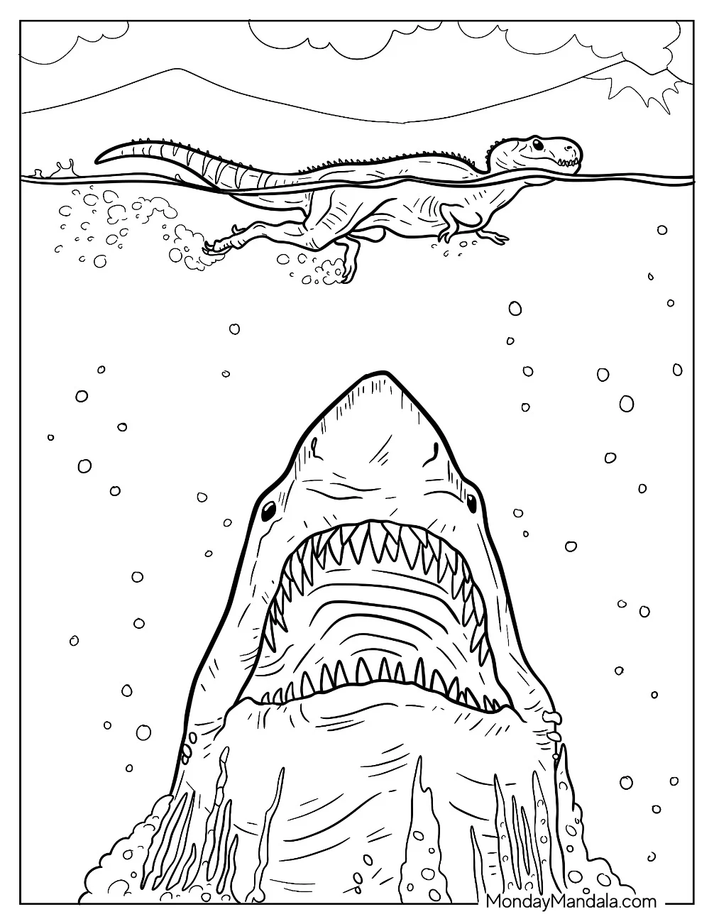 Megalodon Coloring Page Preying On Swimming T Rex coloring page
