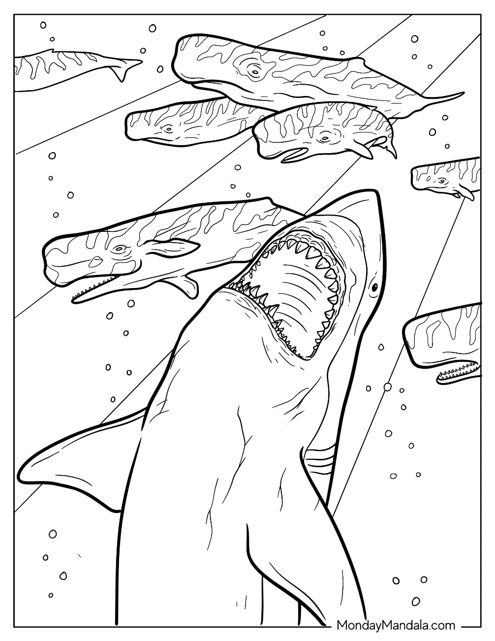 Megalodon Coloring Page Swimming With Sperm Whales coloring page