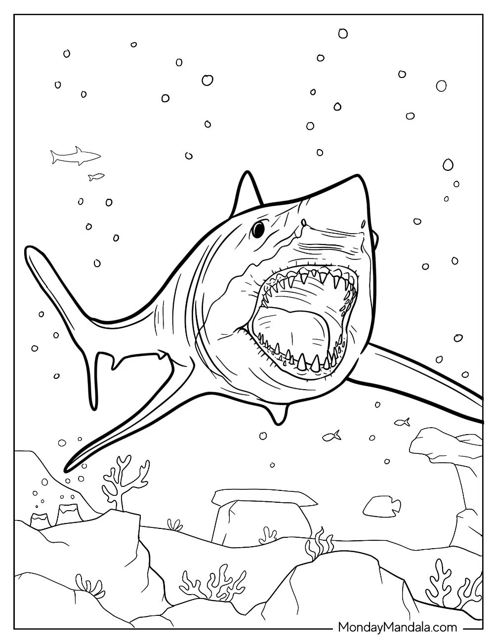Scary Megalodon Coloring Page With Open Mouth For Kids coloring page