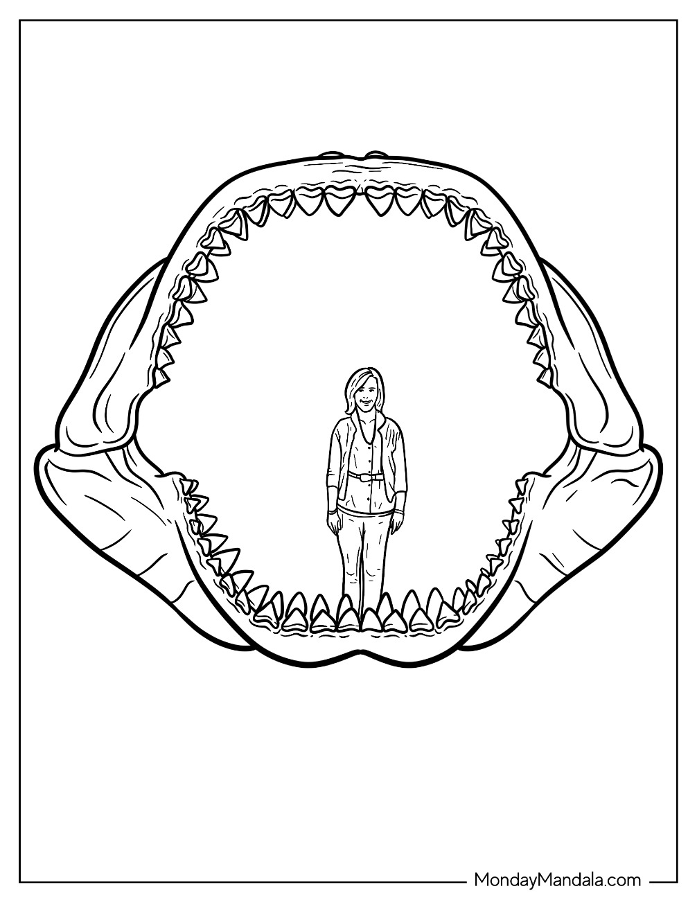 Woman Standing Inside A Megalodon Coloring Page Mouth Skeleton coloring page