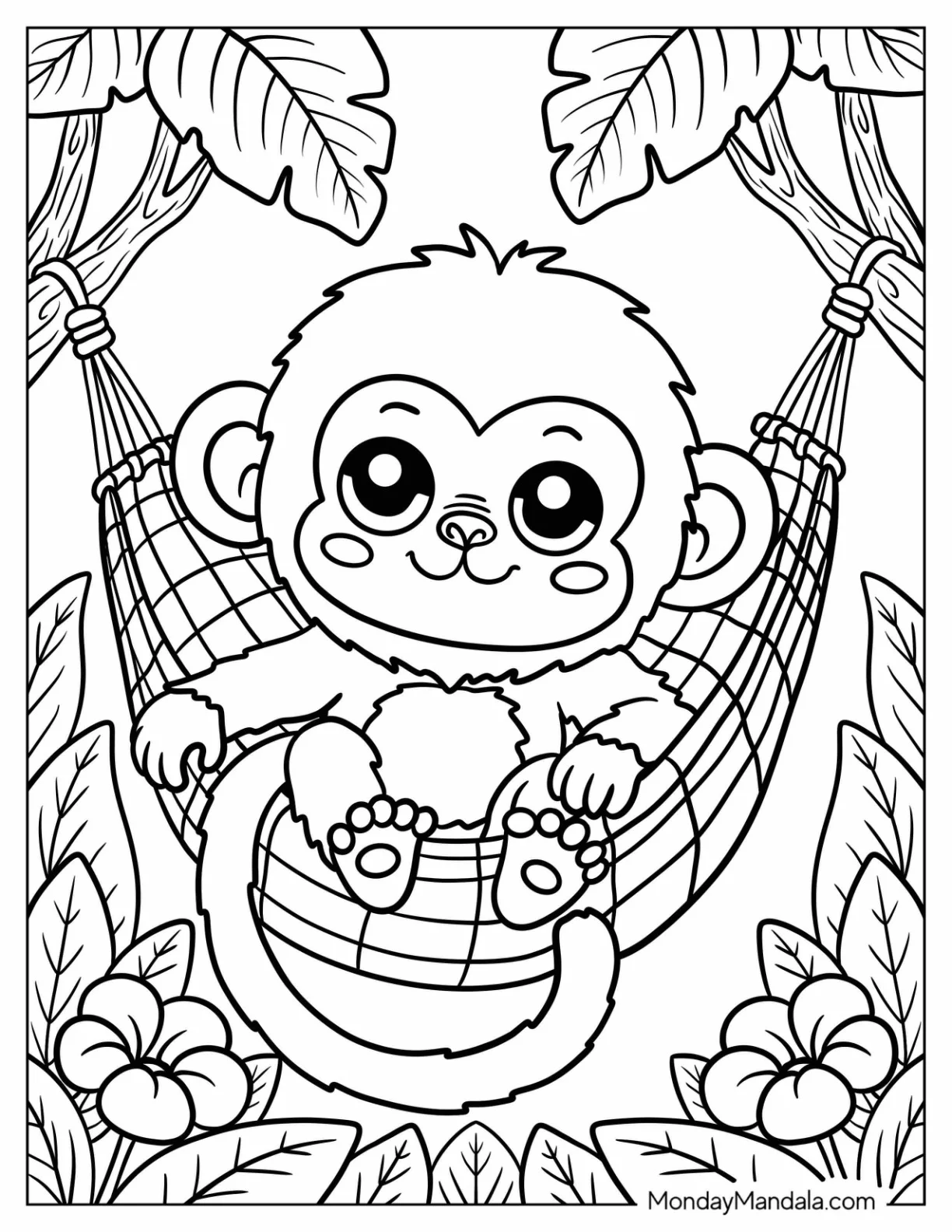 Adorable Baby Monkey Coloring Page on a Hammock for Kids coloring page — printable line art