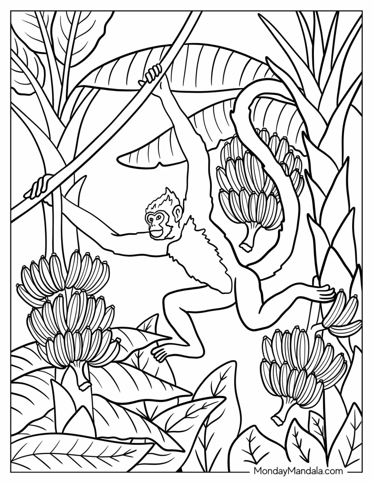 Athletic Monkey Coloring Page Swinging Between Banana Trees coloring page — printable line art