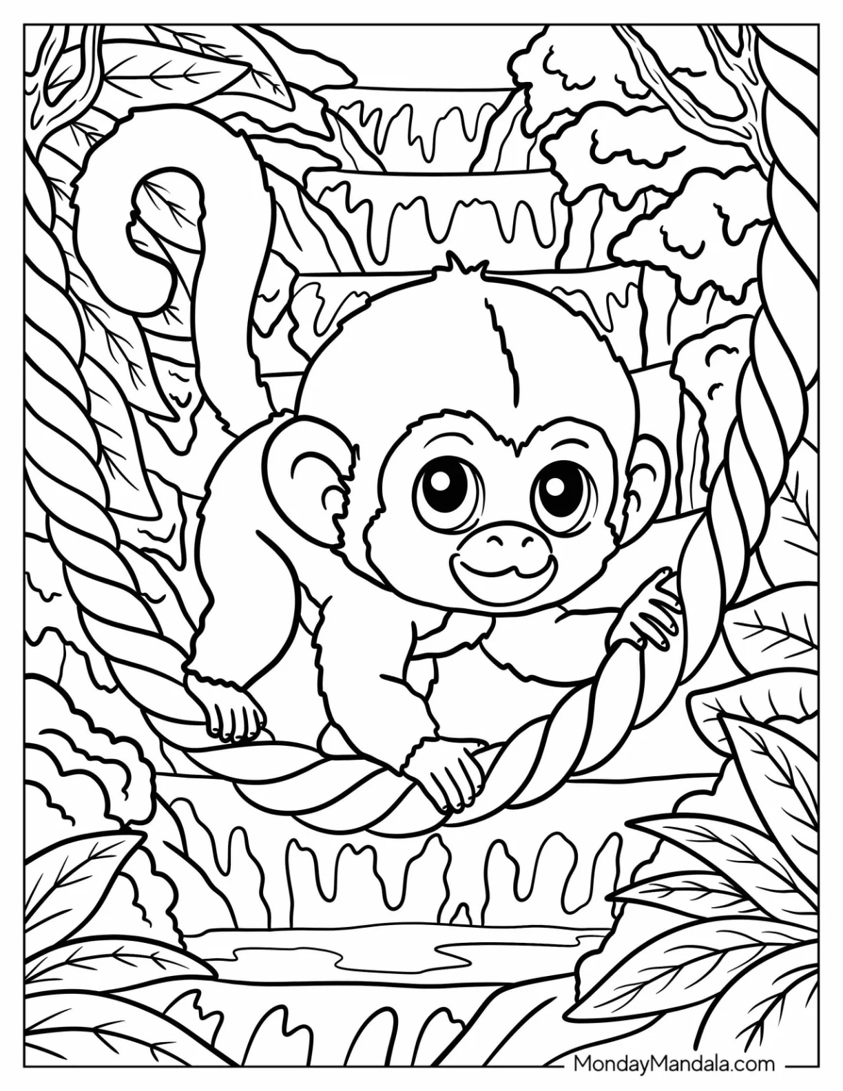 Creeping Baby Monkey Coloring Page on a Tree Vine for Kids coloring page — printable line art