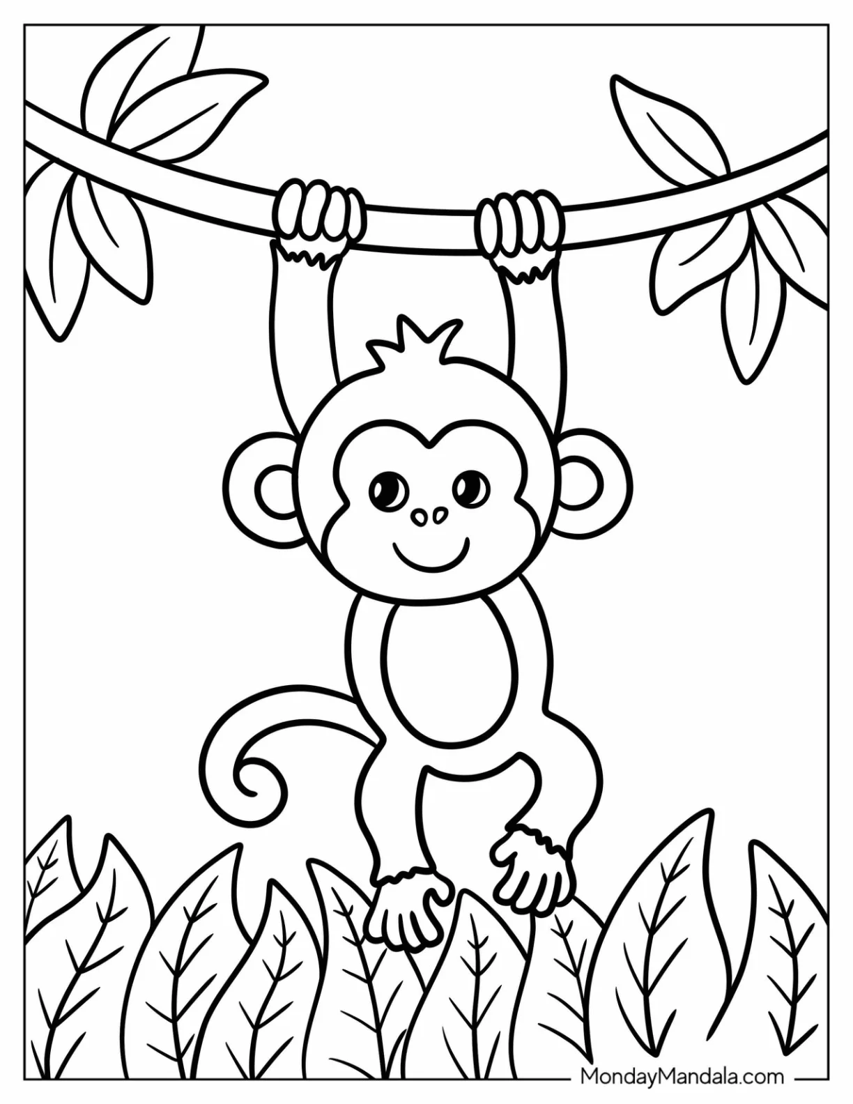 Easy Monkey Coloring Page Hanging from a Tree Branch for Kids coloring page