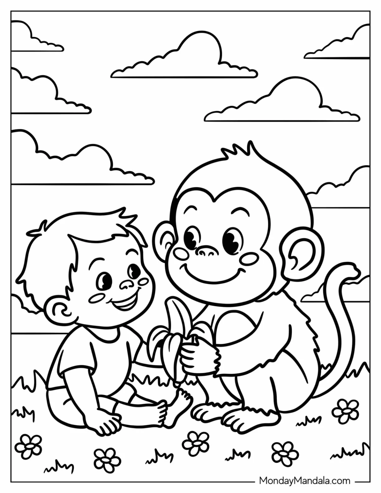 Friendly Monkey Coloring Page Sharing a Banana with a Little Boy coloring page — printable line art