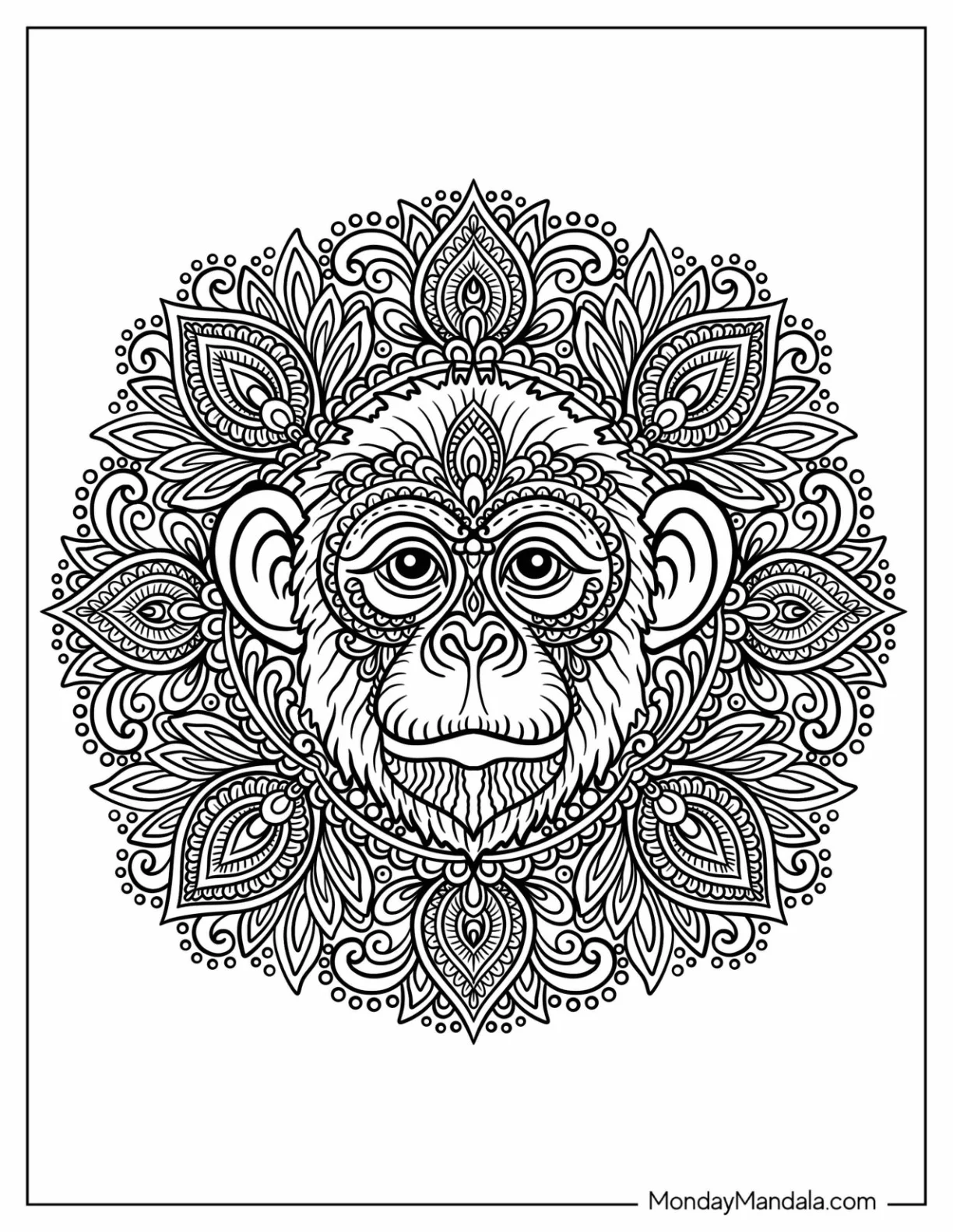 Intricate Monkey Coloring Page Mandala with Floral Patterns coloring page — printable line art