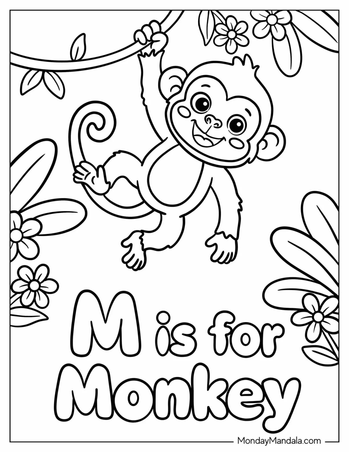 M is for Monkey Coloring Page Flashcard for Kids coloring page