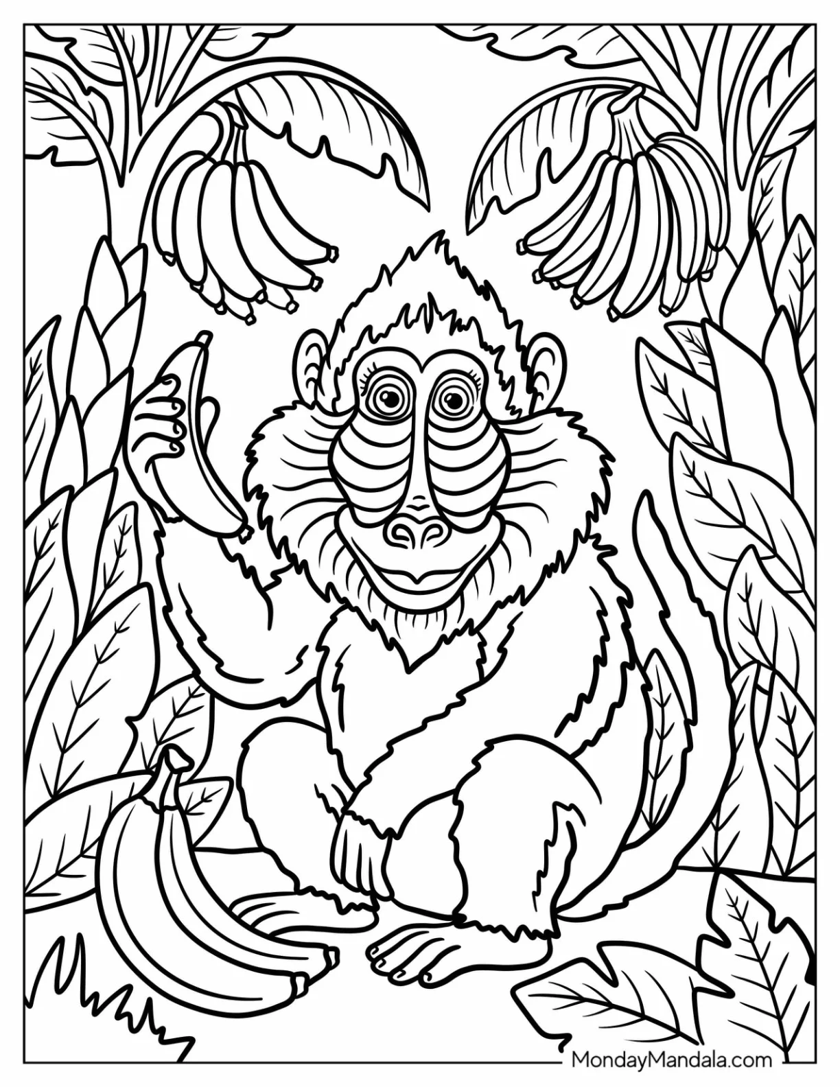 Mandrill Monkey Coloring Page Holding a Banana in the Jungle coloring page