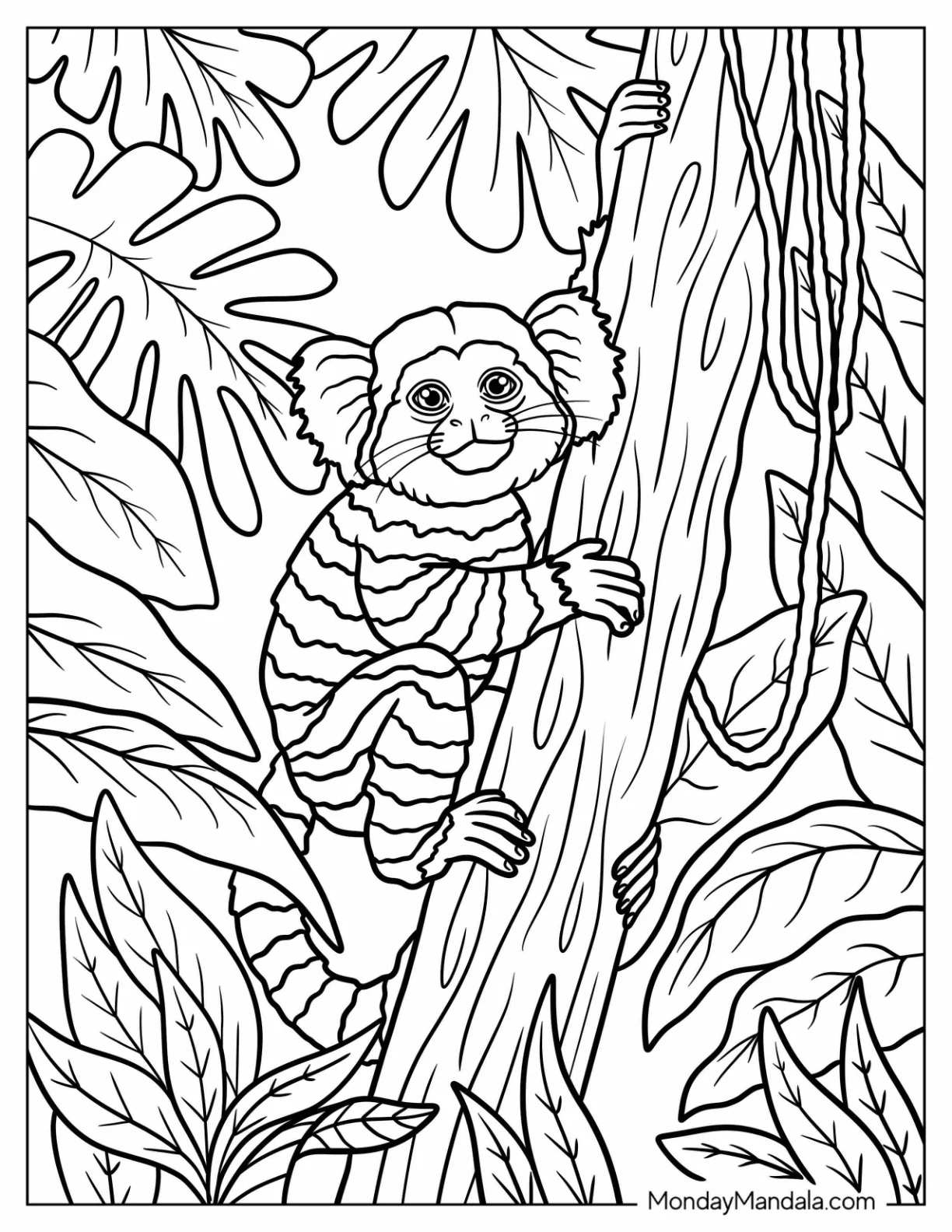 Marmoset Monkey Coloring Page Climbing a Tree in the Jungle coloring page