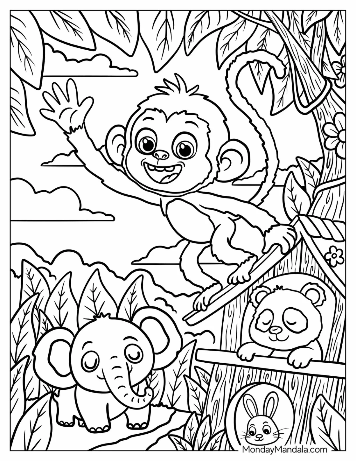 Monkey Coloring Page Swinging from a Tree Above Baby Elephants, Panda, and Rabbit coloring page