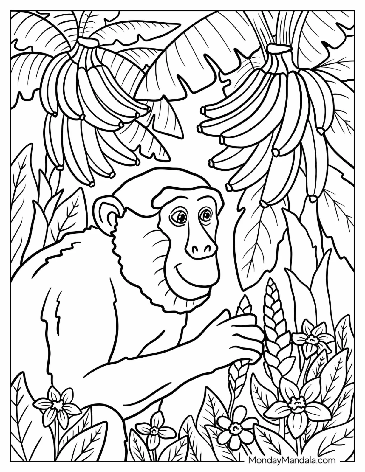 Peaceful Monkey Coloring Page Holding a Flower in the Jungle coloring page
