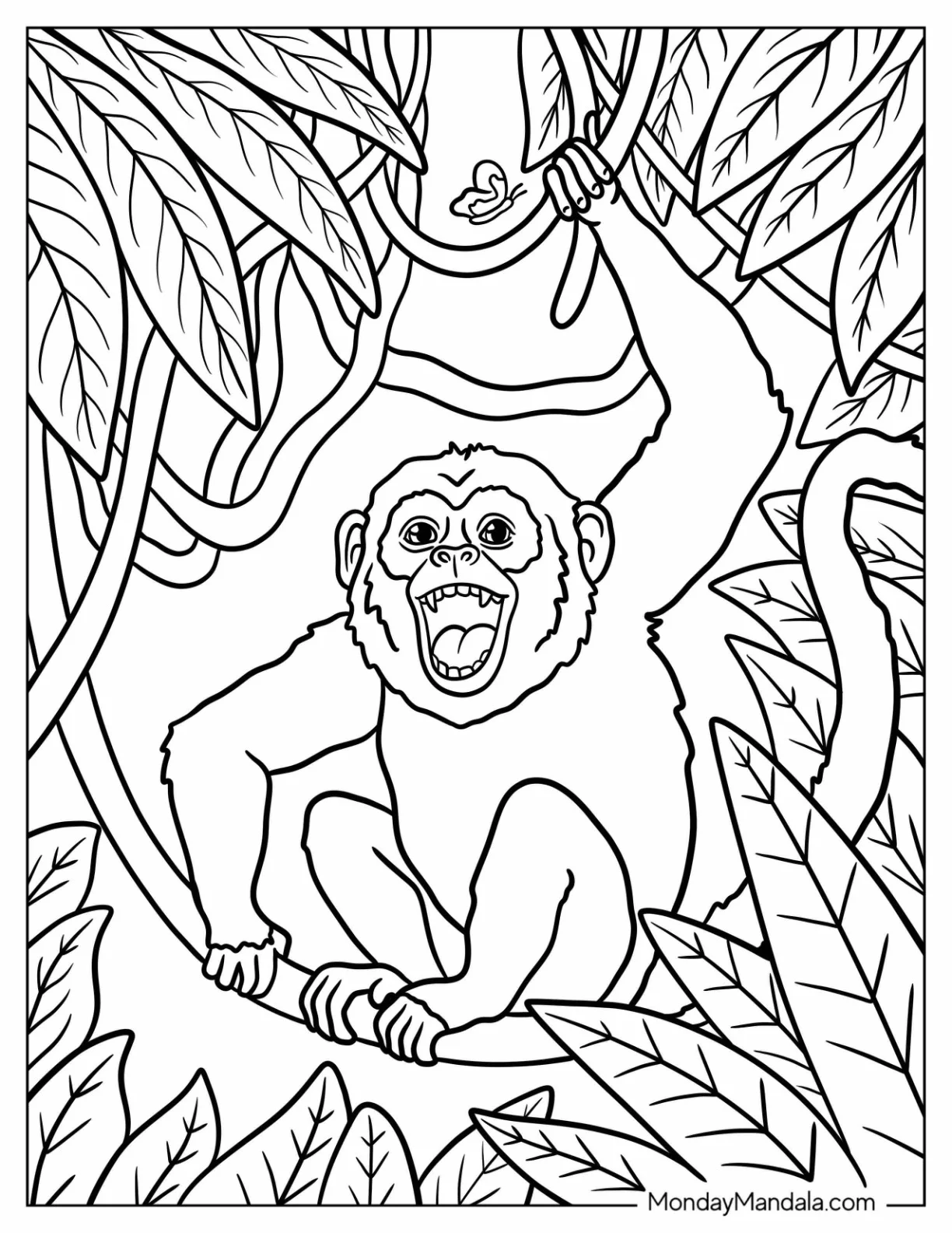 Realistic Laughing Monkey Coloring Page on a Tree Branch coloring page — printable line art