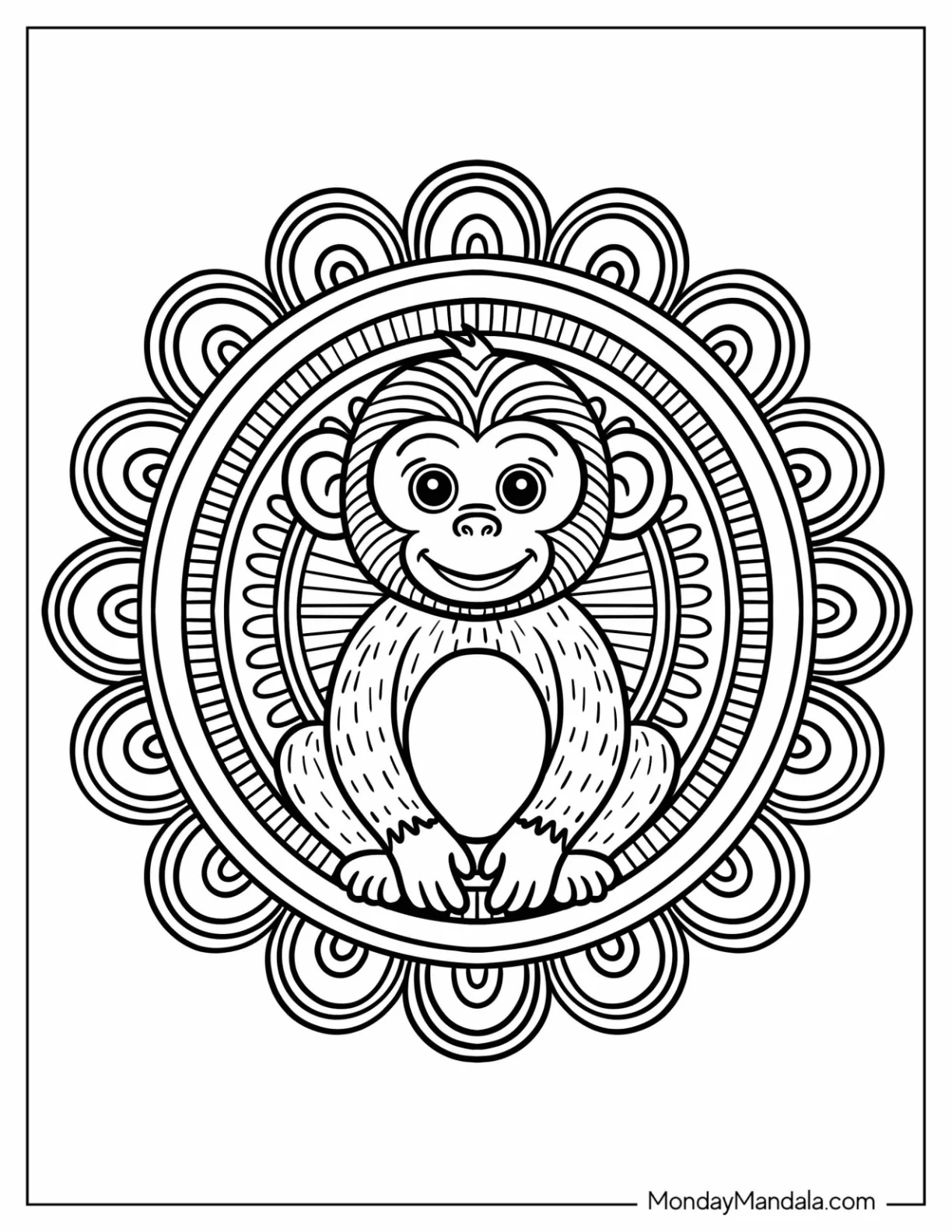 Simple Friendly Monkey Coloring Page in a Mandala coloring page