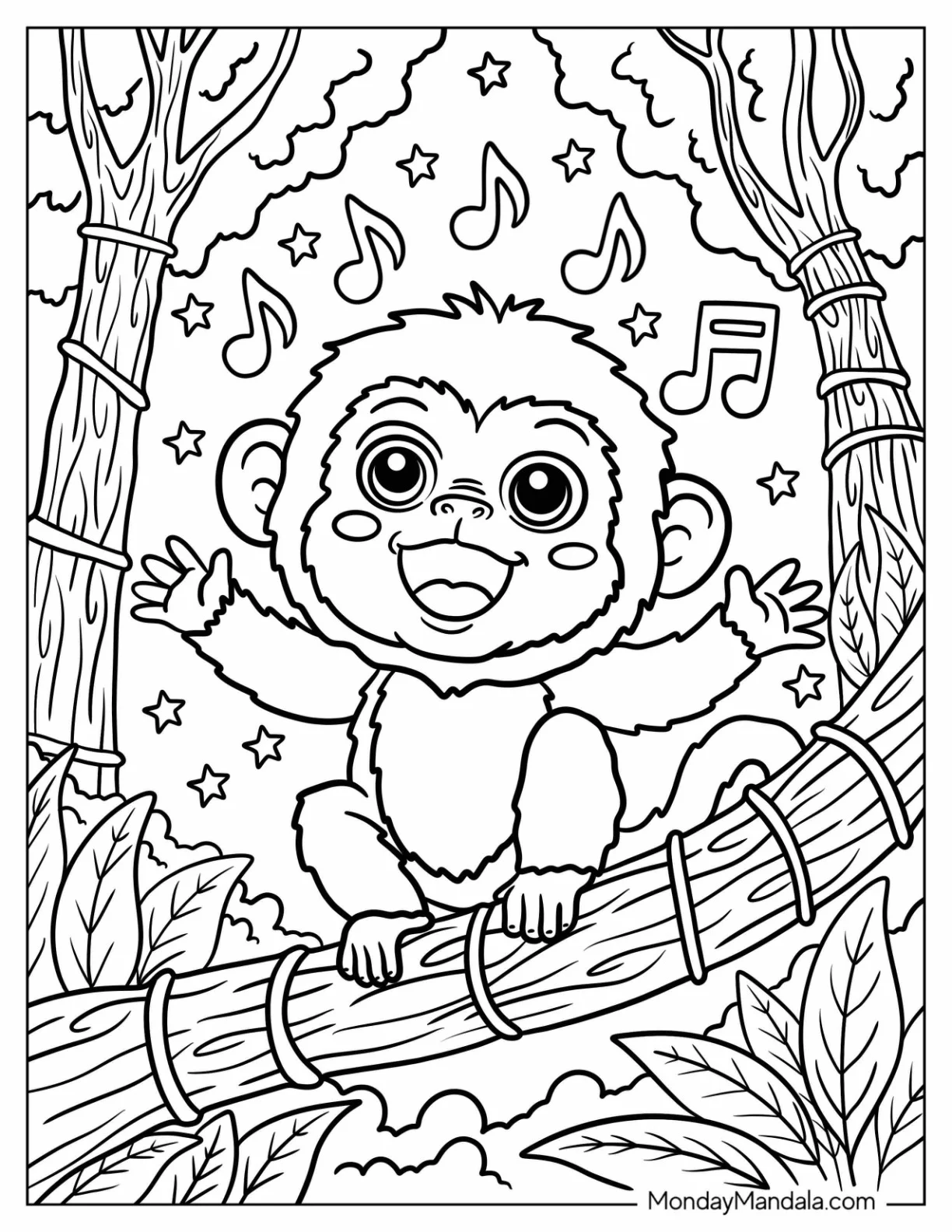 Singing Monkey Coloring Page in the Jungle for Kids coloring page