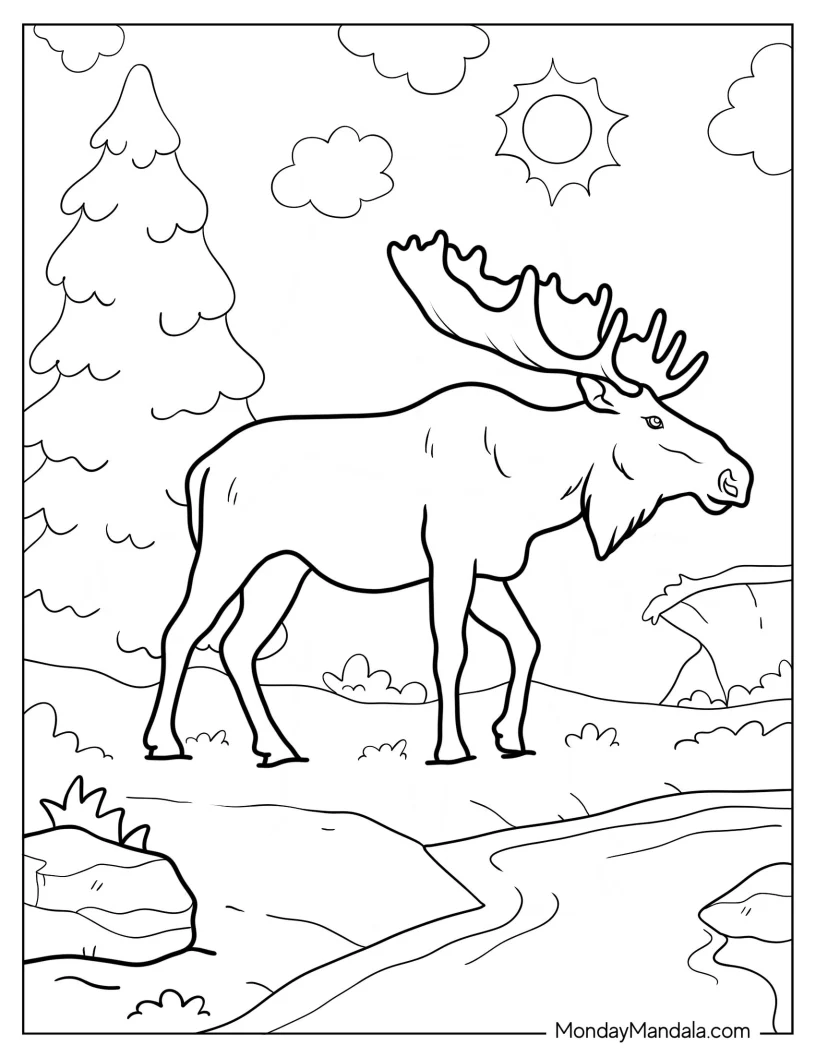 Adult Moose Coloring Page Approaching River coloring page