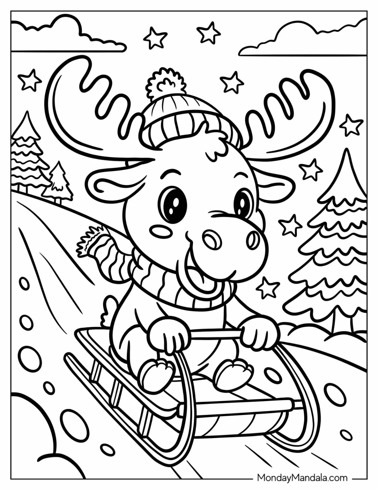 Adventurous Moose Riding a Sled Coloring Page for Kids coloring page