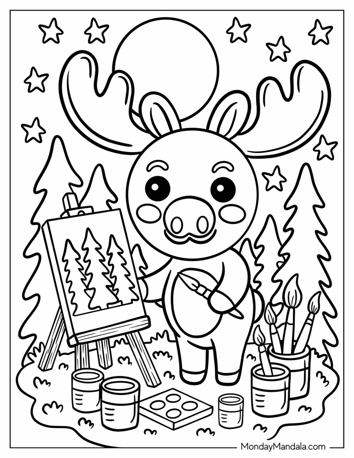 Artistic Moose Painting Trees on a Canvas Coloring Sheet for Preschoolers coloring page