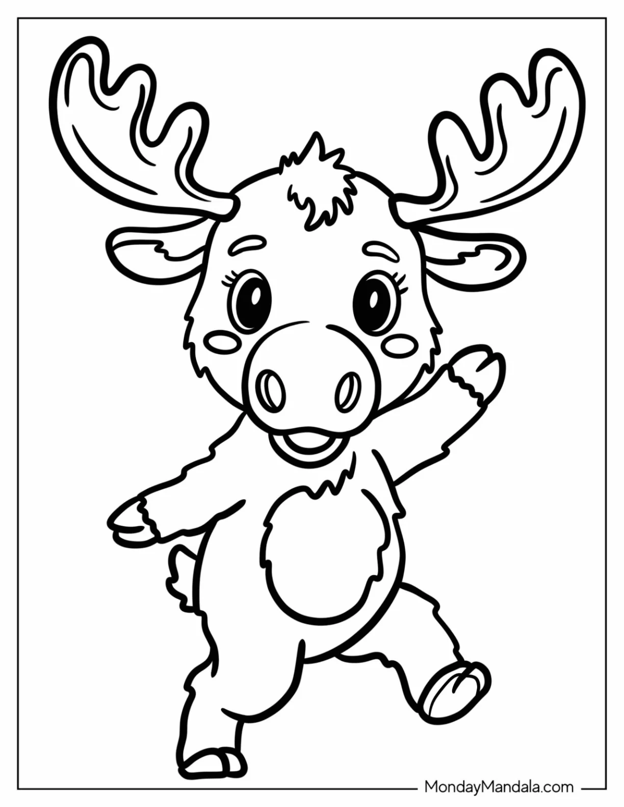 Cheerful Moose Waving and Skipping Coloring Sheet for Preschoolers coloring page