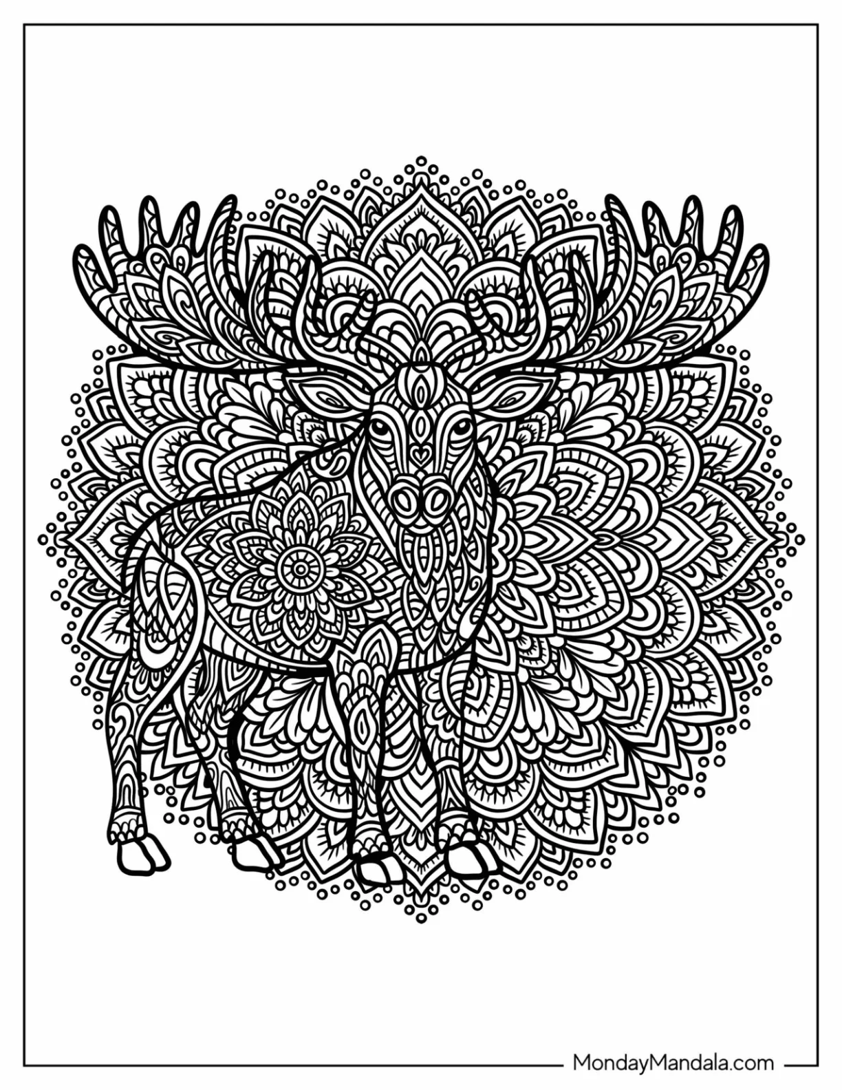 Complex Flower Mandala with Moose Inside Coloring Page coloring page