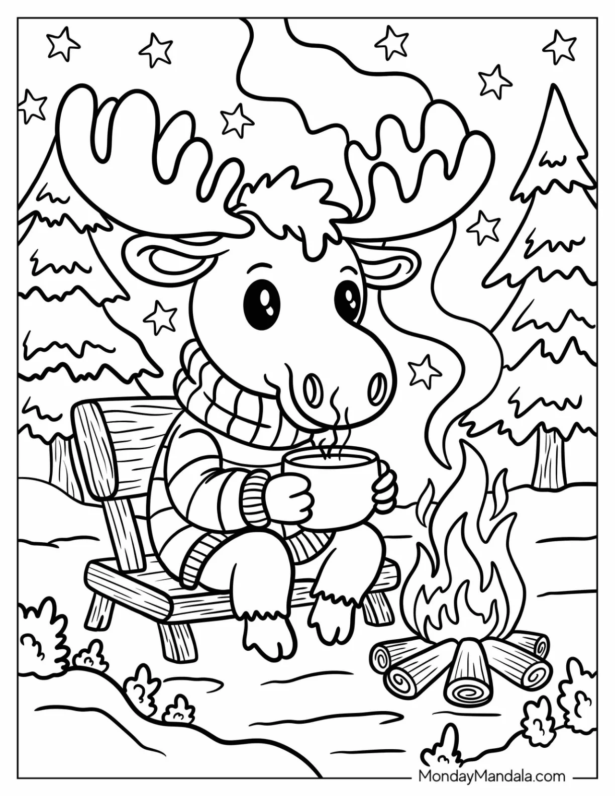 Cozy Moose Holding Hot Drink Next to a Bonfire Coloring Page for Kids coloring page
