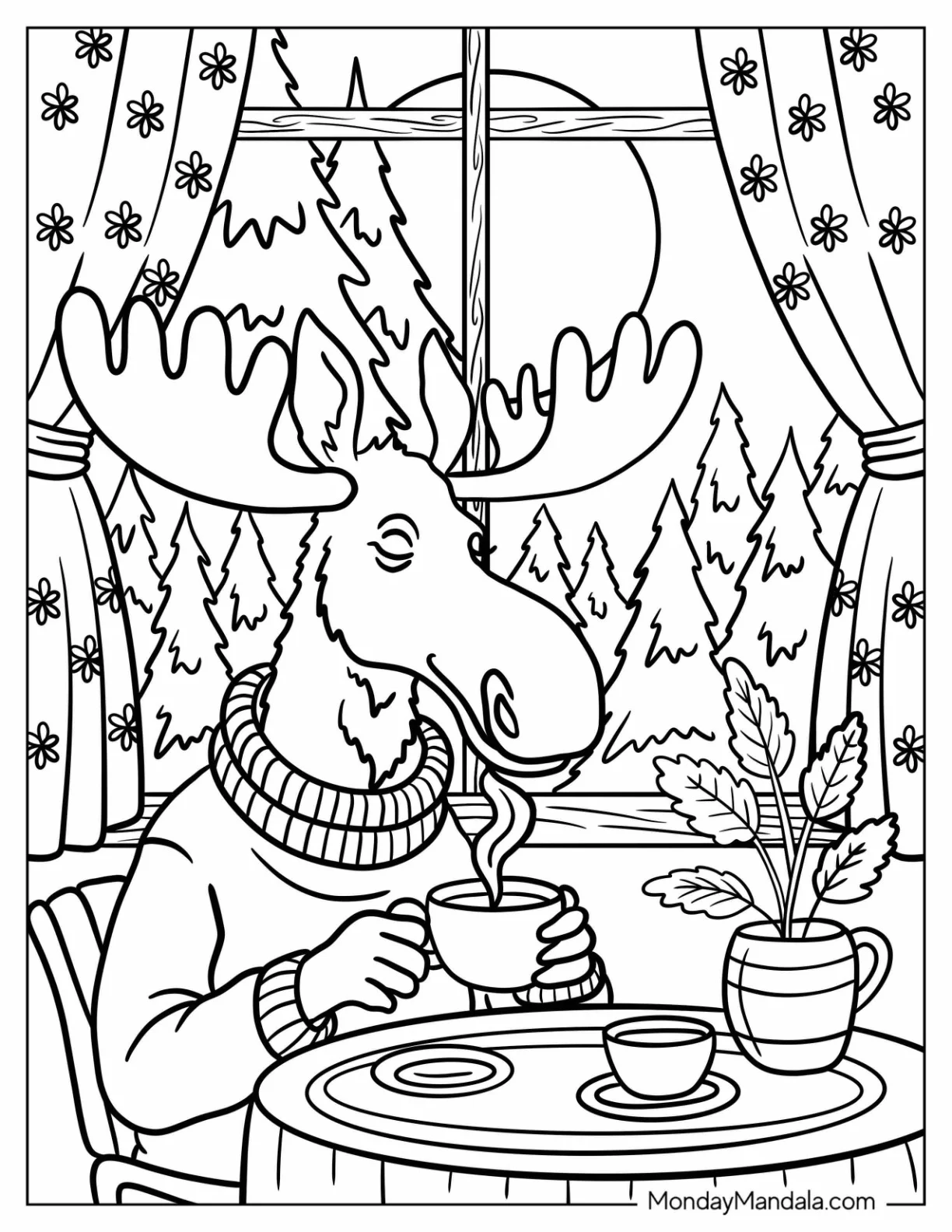 Elderly Moose Drinking Hot Coffee Beside a Window in Winter coloring page