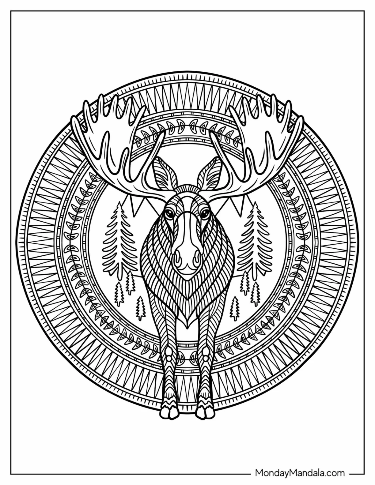 Elegant Geometric Moose Mandala Coloring Page for Adults coloring page — printable line art