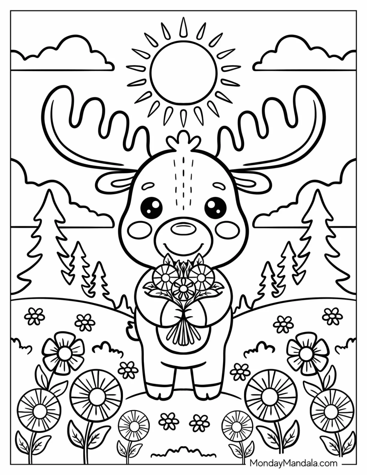 Kawaii Moose Holding a Bouquet of Flowers in a Meadow Coloring Sheet for Kids coloring page — printable line art