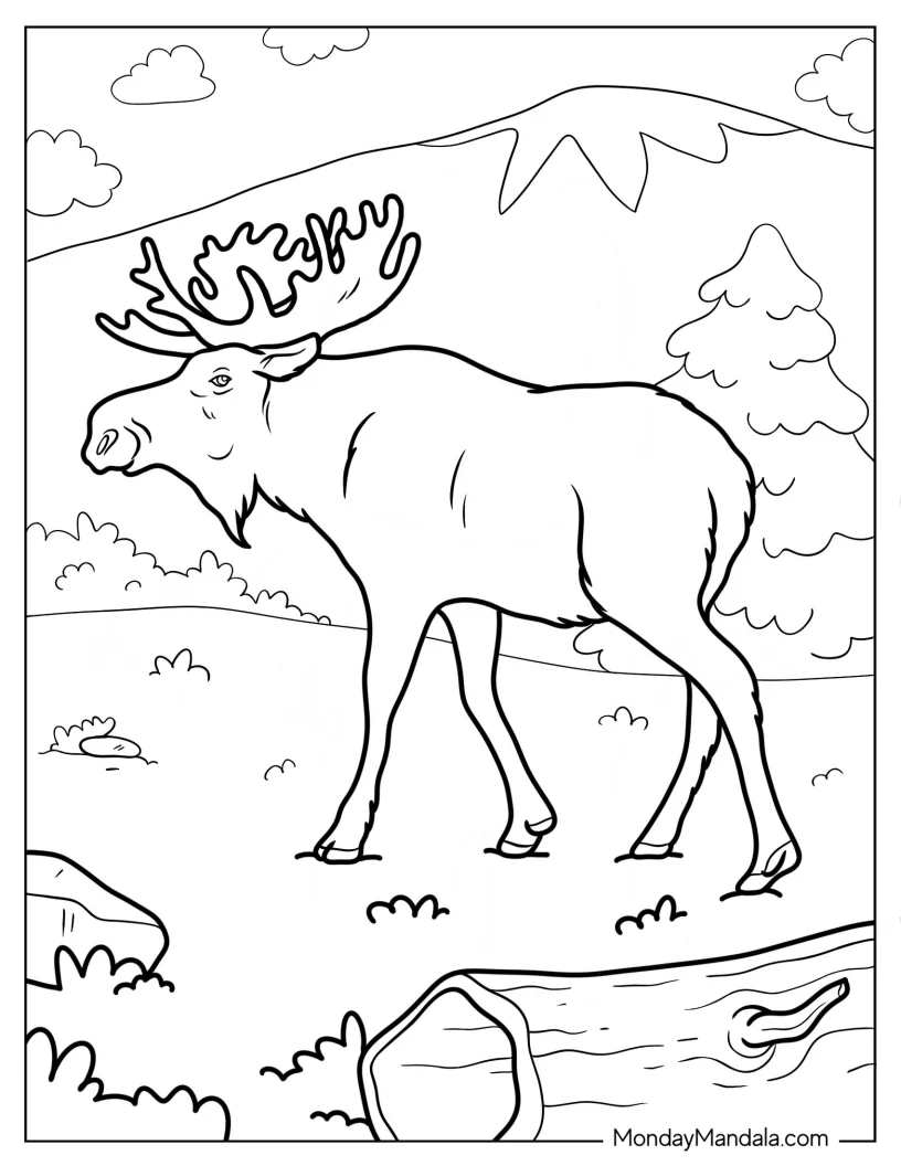Large Realistic Moose Coloring Page Walking In Forest coloring page
