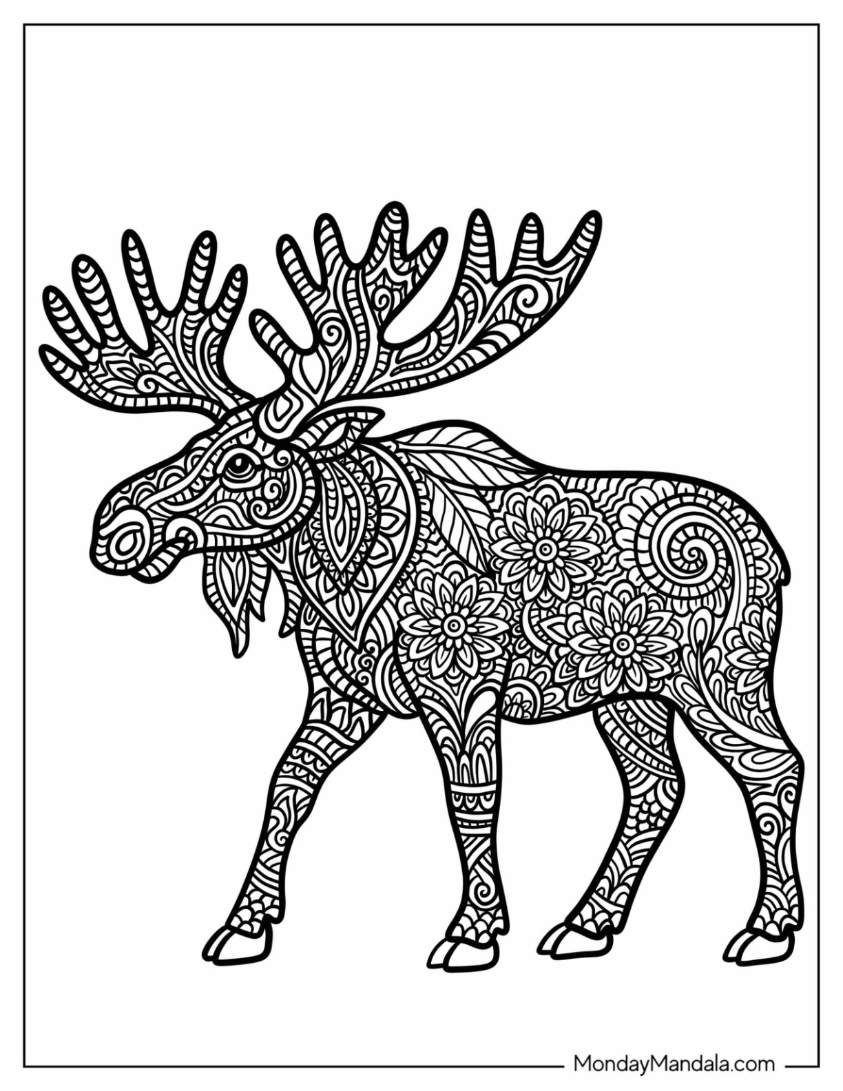 Majestic Moose Mandala with Floral Patterns Coloring Page coloring page — printable line art