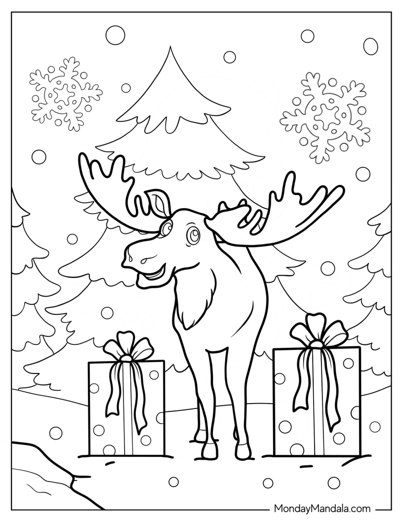 Moose Coloring Page In Winter Wonderland With Christmas Presents coloring page — printable line art
