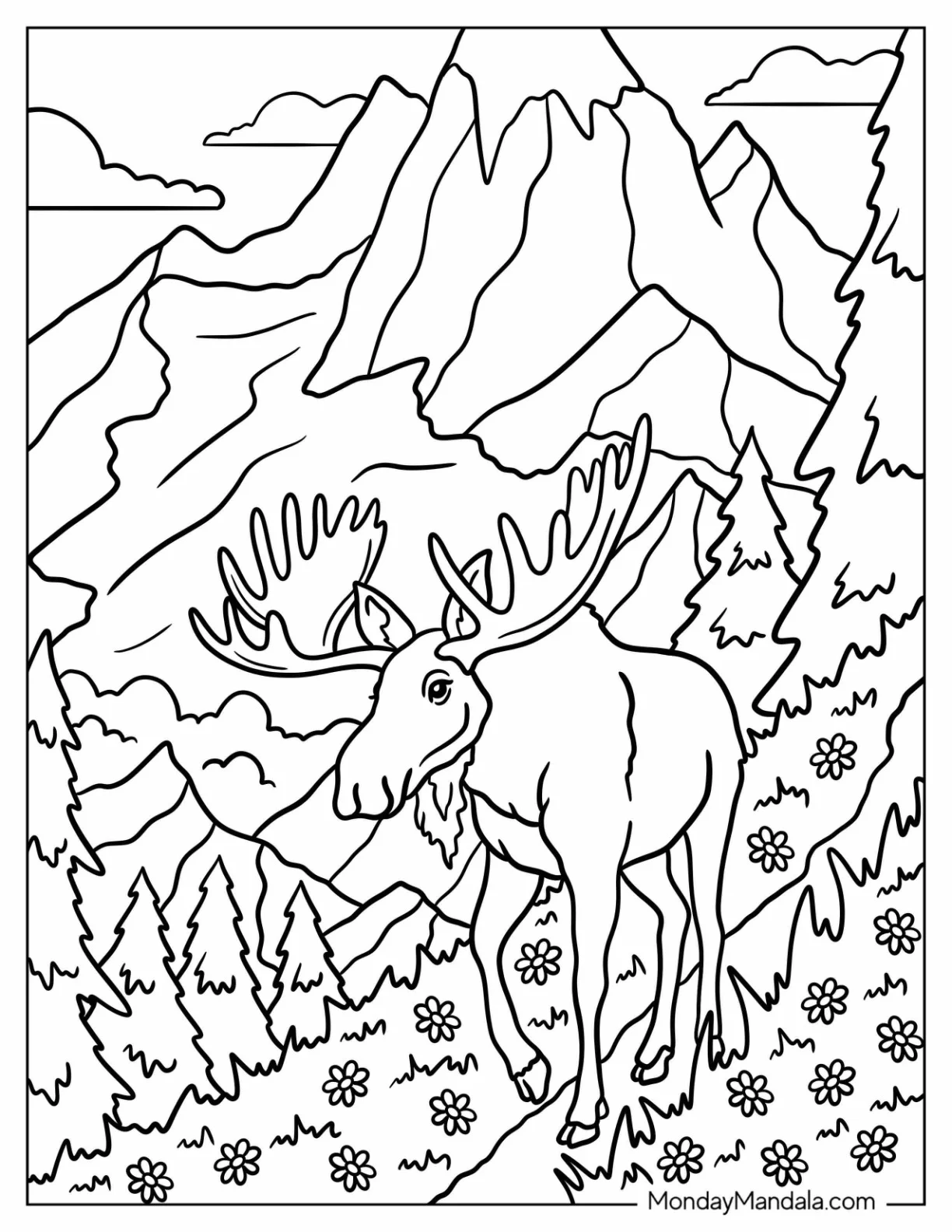Moose Walking Down Mountain Path with Flowers Coloring Page for Kids coloring page — printable line art