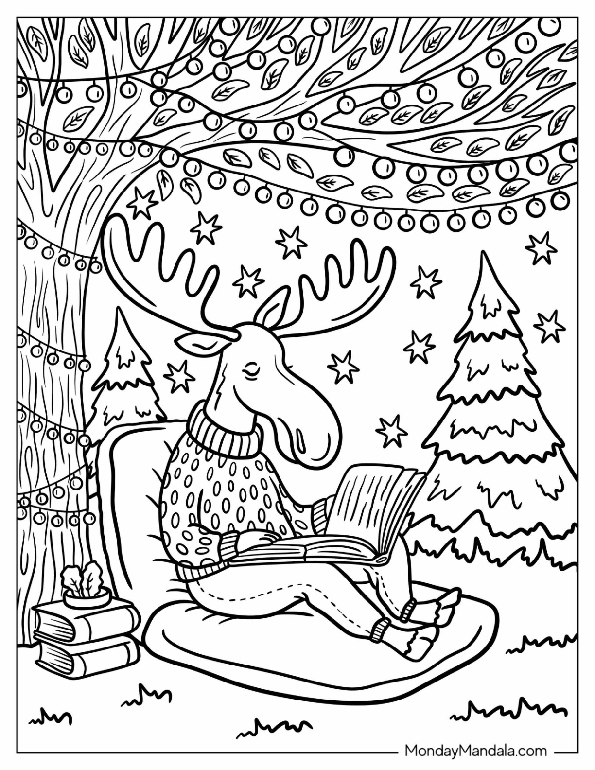 Nerdy Moose in Polka Dot Sweater Reading a Book Coloring Sheet for Kids coloring page — printable line art