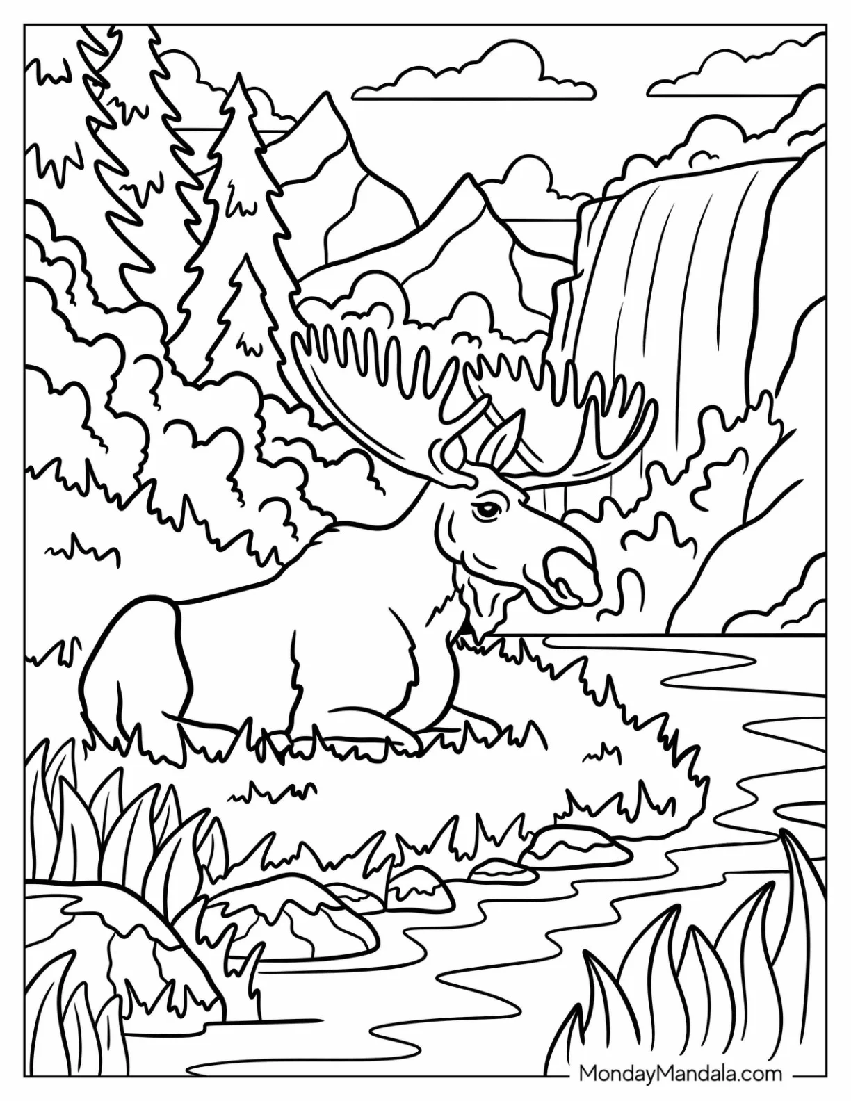Peaceful Moose Resting Beside a River Coloring Sheet coloring page