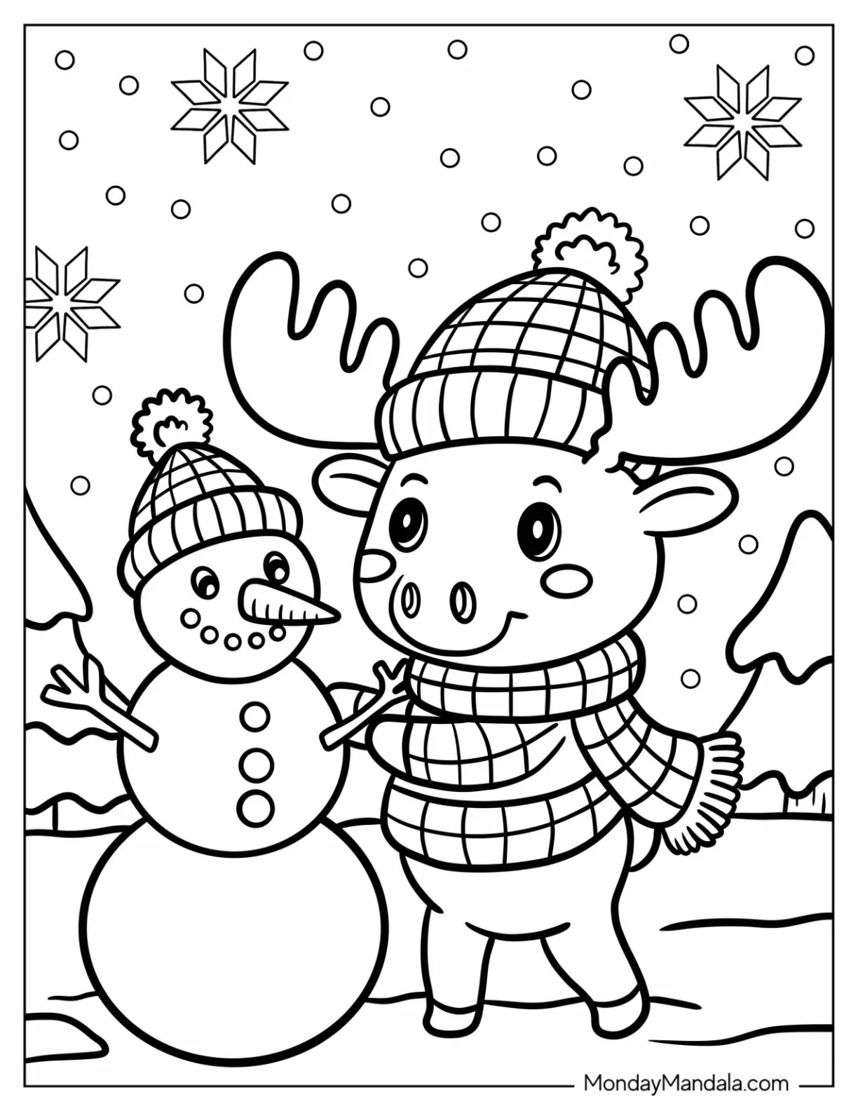 Playful Moose in Beanie and Scarf Building a Snowman coloring page — printable line art