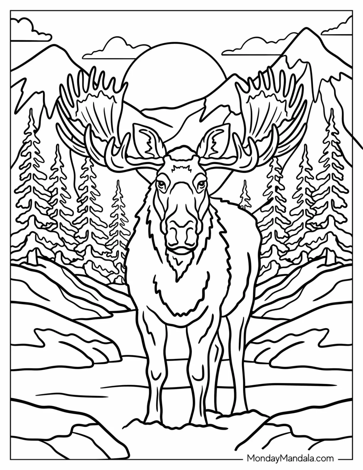 Realistic Moose Standing in the River Coloring Sheet coloring page