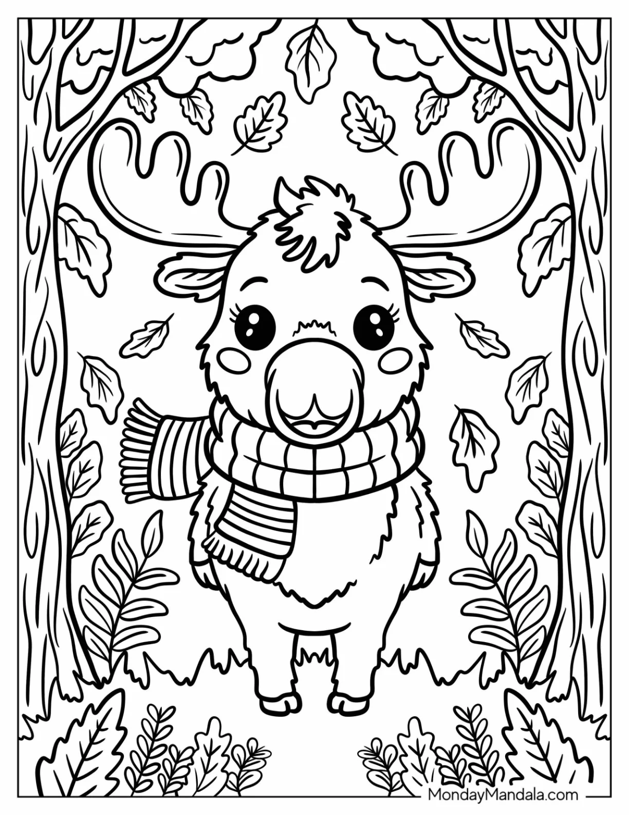 Smiling Moose in Scarf Under Falling Leaves Coloring Page coloring page