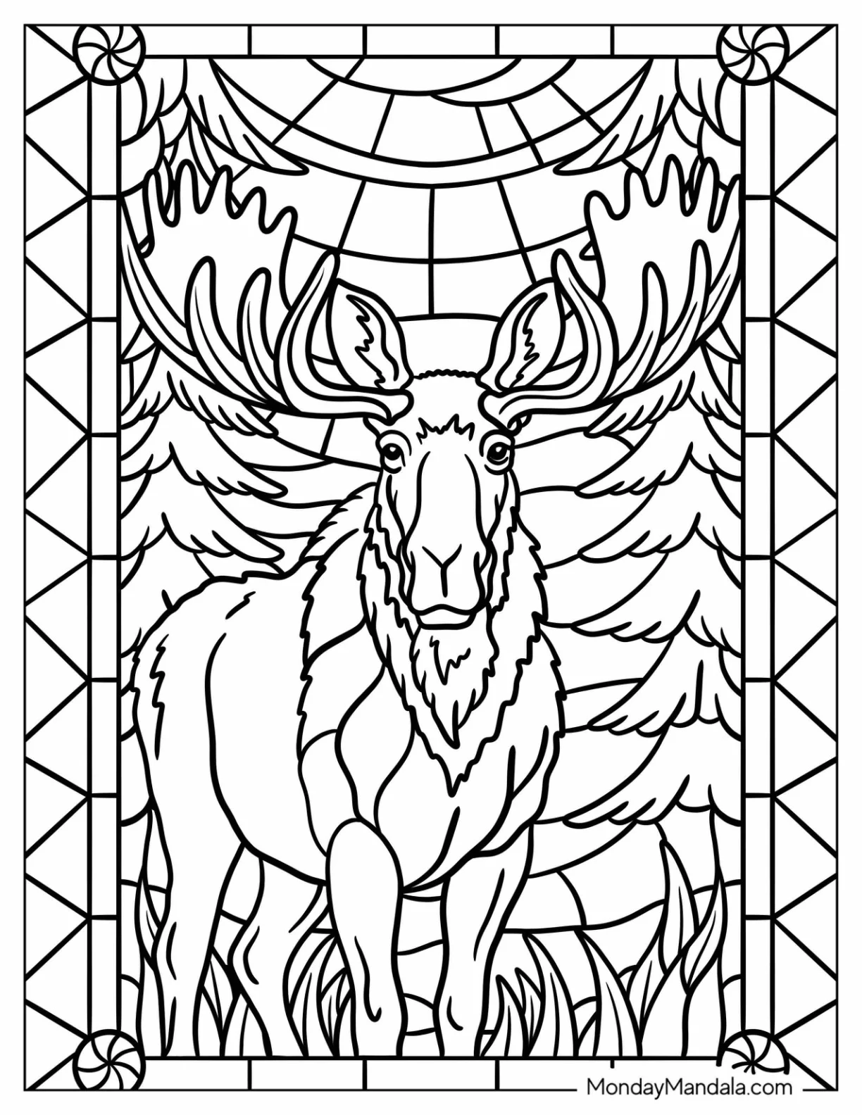 Stained Glass of Moose in the Forest coloring page