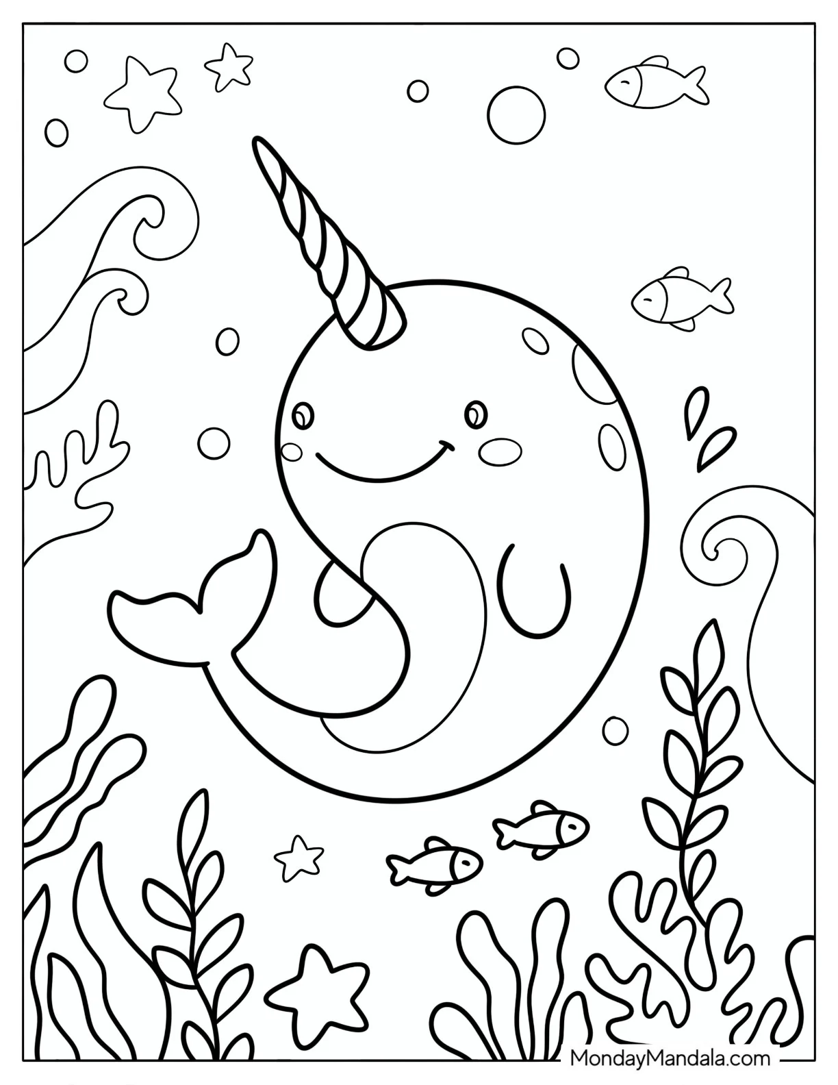 Blushing Narwhal Underwater with Fish and Corals coloring page — printable line art
