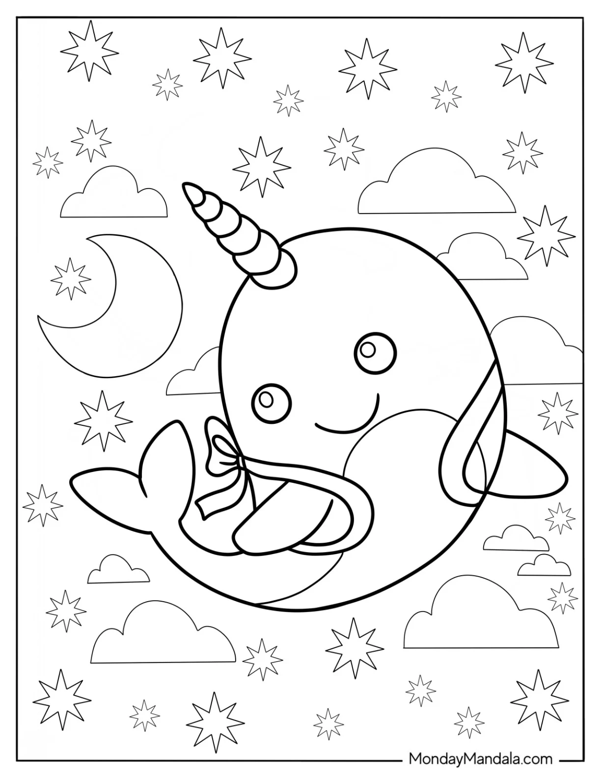 Cute Narwhal Coloring Page Flying In The Night Sky coloring page — printable line art