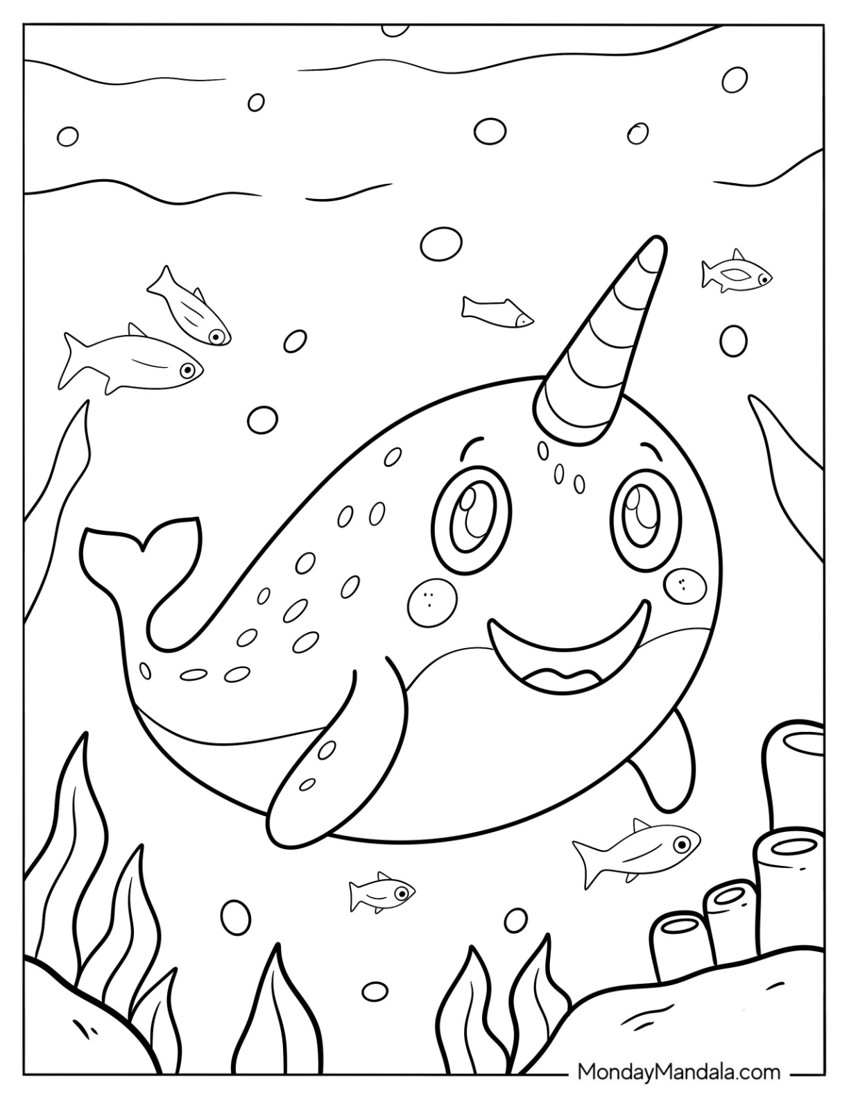 Cute Narwhal Coloring Page Swimming In A Coral Reef For Kids coloring page