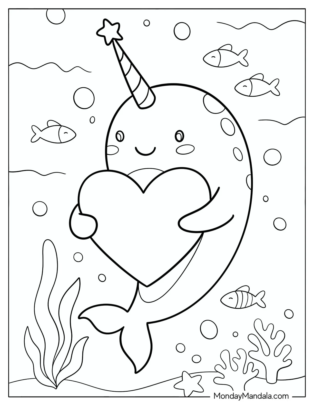Cute Narwhal Hugging a Heart Coloring Sheet for Kids coloring page — printable line art